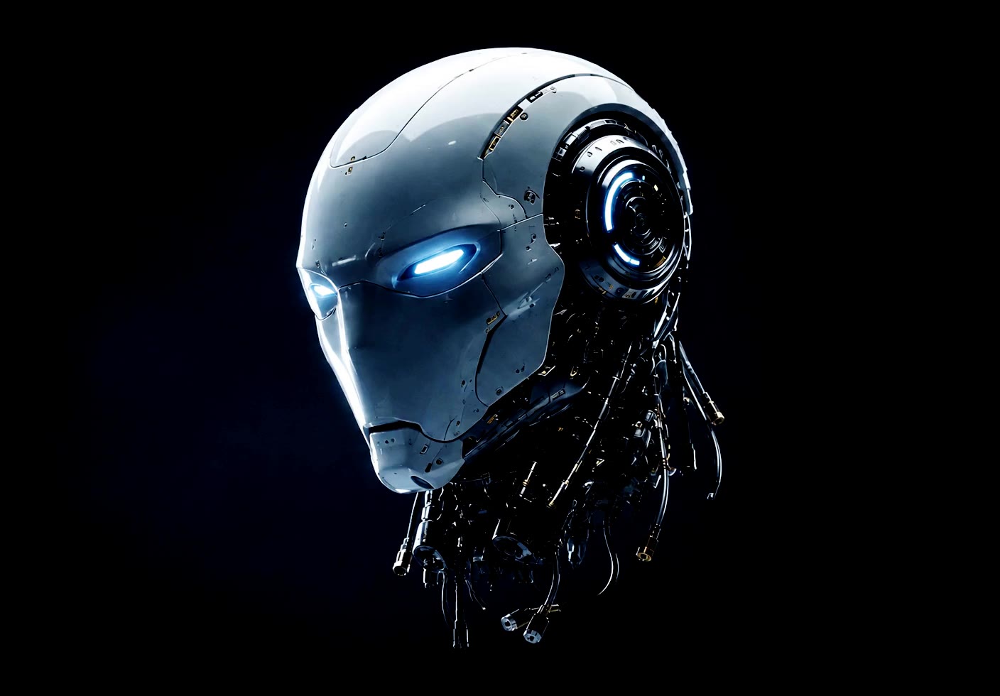 Kopf eines Roboters, dessen Bauteile sich voneinander lösen, mit leuchtendem neuronalem Netz im Inneren